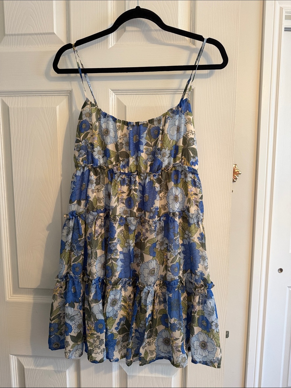 Floral Blue Tiered Mini Dress with Spaghetti Straps